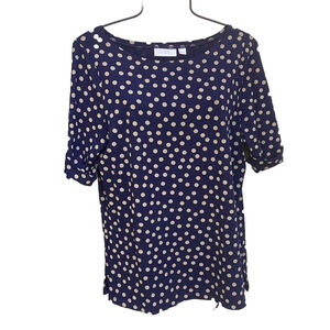 Belle by Kim Gravel Polka Dot Top Shirt Navy W/Tan Dots QVC Size Sm 6-8 A374460